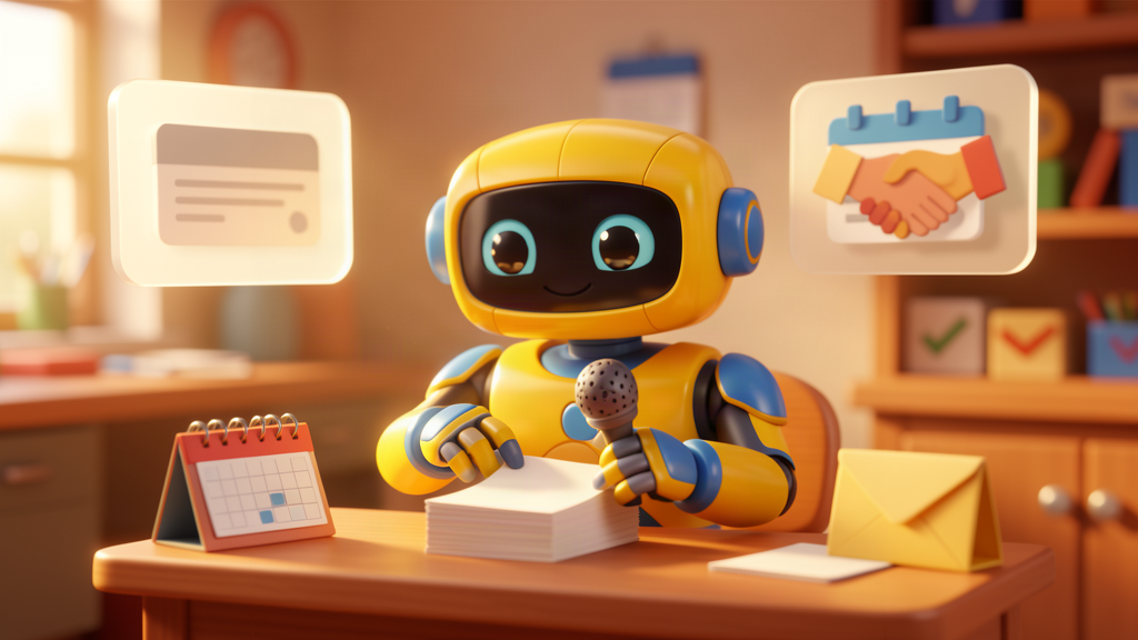 Toy robot at a desk organising contact cards, email and calendar reminders after a networking event