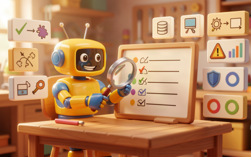Toy robot inspecting an AI audit checklist with workflow, data, risk and software icons