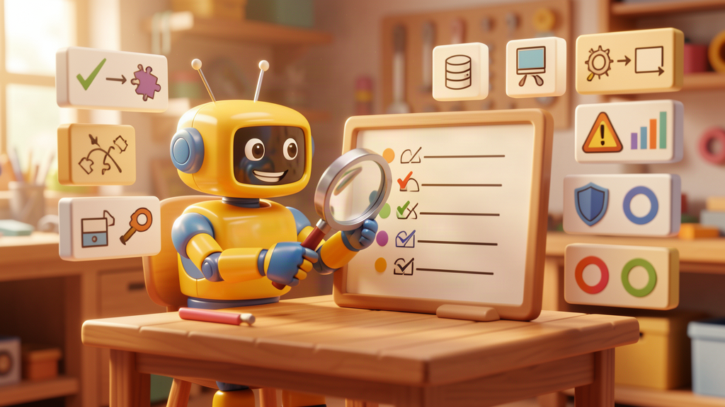 Toy robot inspecting an AI audit checklist with workflow, data, risk and software icons