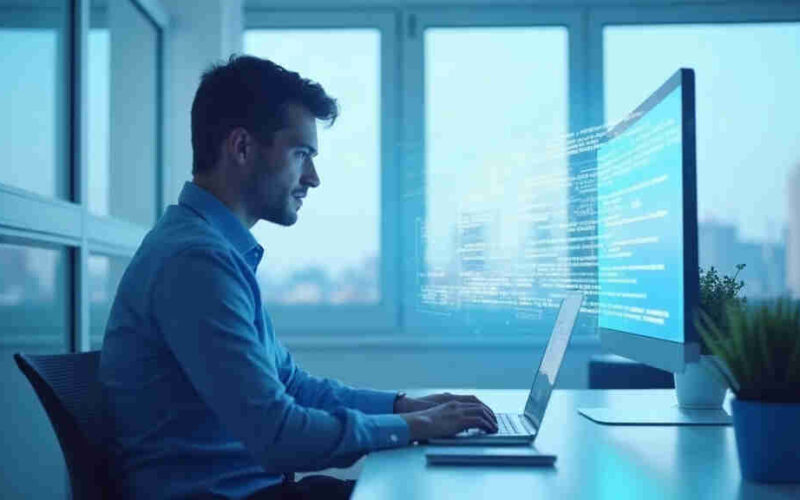Professional at a laptop beside a floating holographic code panel