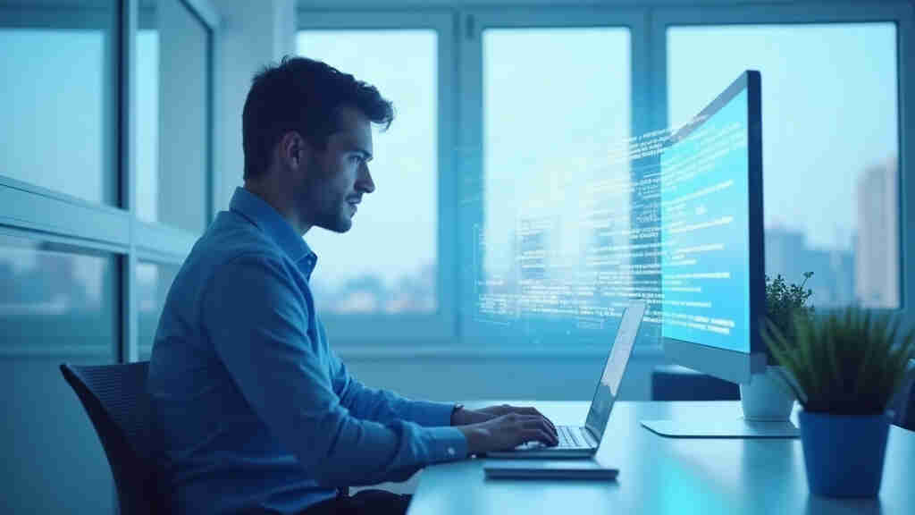 Professional at a laptop beside a floating holographic code panel