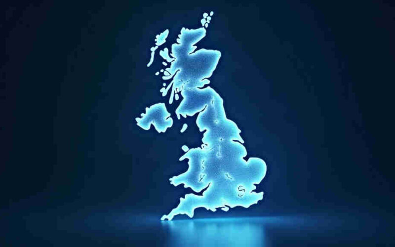 Abstract UK map made of glowing network nodes