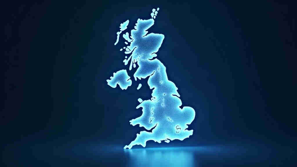 Abstract UK map made of glowing network nodes