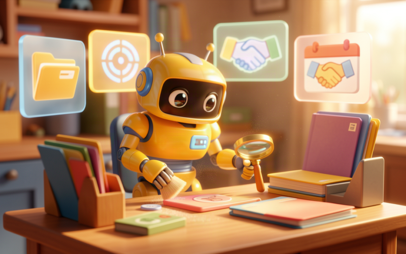 Friendly toy robot using a magnifying glass to review dormant client folders at a warm professional services desk