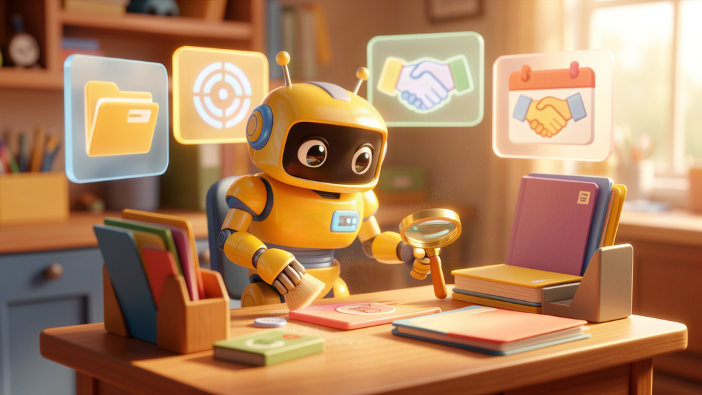 Friendly toy robot using a magnifying glass to review dormant client folders at a warm professional services desk