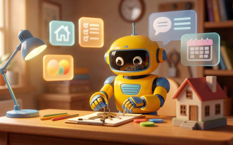 Friendly toy robot organising estate agency viewing feedback notes and house keys at a warm desk