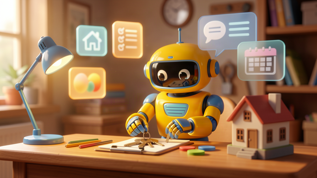 Friendly toy robot organising estate agency viewing feedback notes and house keys at a warm desk