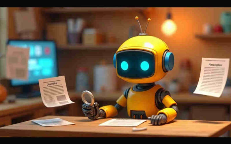 A friendly toy robot at a desk surrounded by floating newspaper pages and glowing screens, Pixar-style illustration