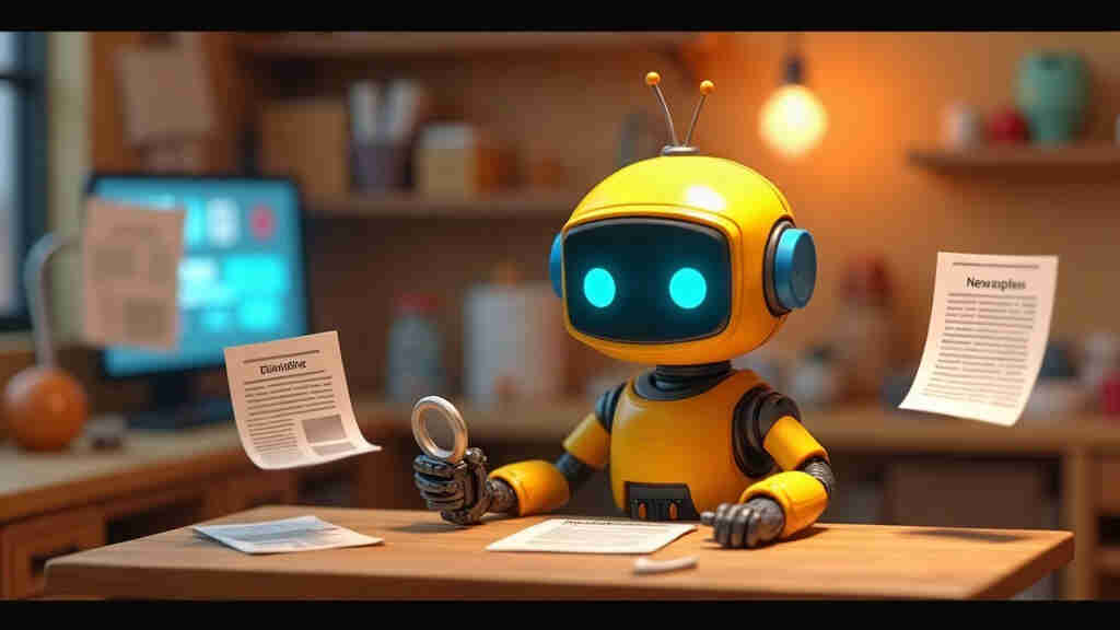A friendly toy robot at a desk surrounded by floating newspaper pages and glowing screens, Pixar-style illustration