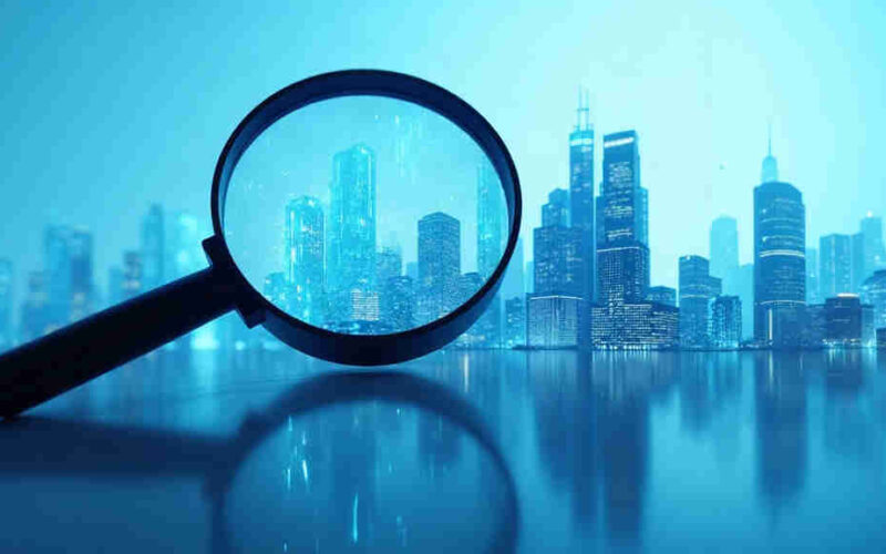 Magnifying glass over glass office towers with code reflections