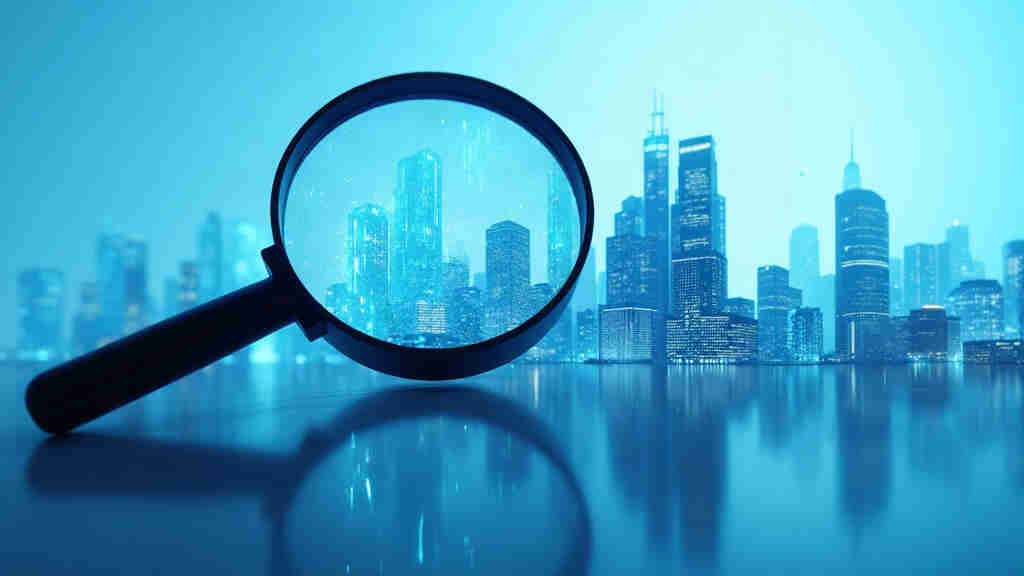 Magnifying glass over glass office towers with code reflections